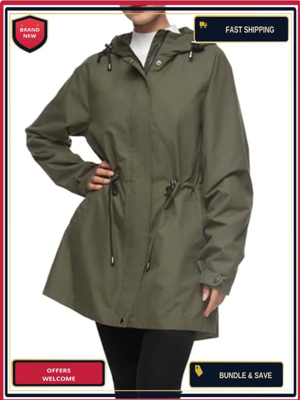 Women's Water-Resistant Hooded Anorak Rain Jacket Trench Coat with Adjustable